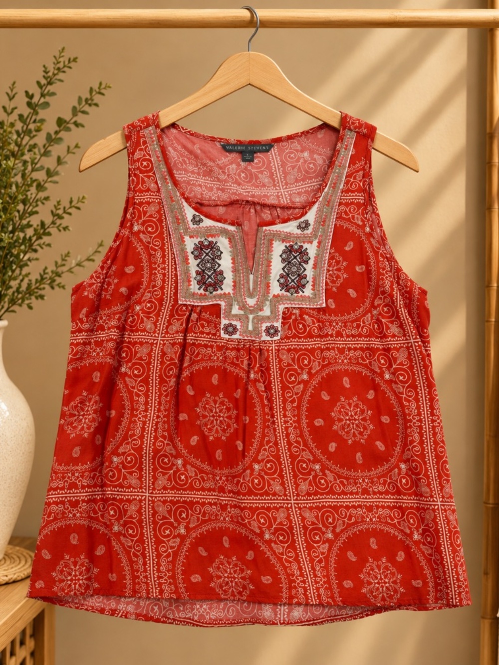 Valerie Stevens Red Bandana Paisley Boho Sleeveless Blouse Embroidered Neck
